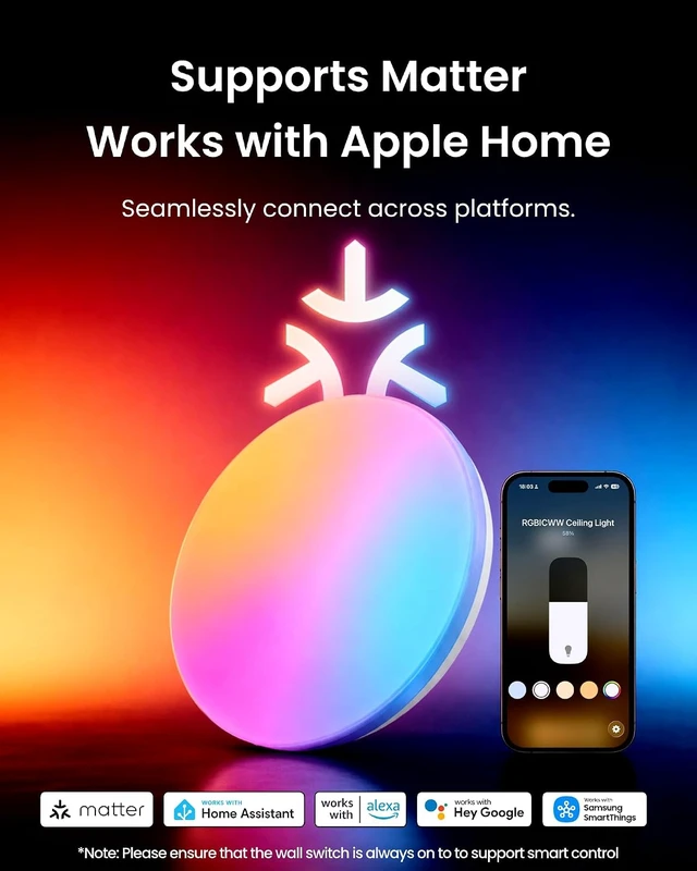 Alt view image 3 of 7 - SwitchBot RGBICWW Ceiling Light 12 Inch, Matter Certified LED Flush Mount Light Fixture, 2000LM, No Hub Required, 2700K-6500K Dimmable, Works with Apple Home and Alexa, CRI 90+, for Bedroom Kitchen