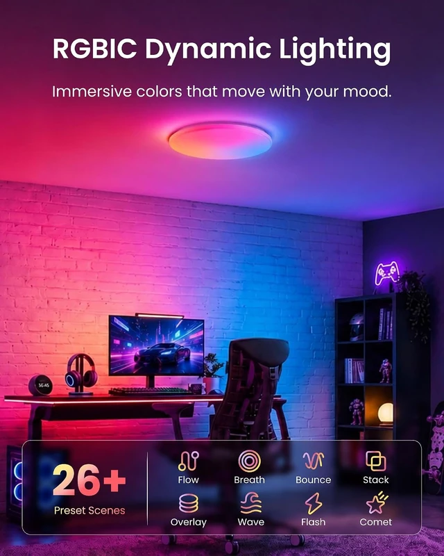 Alt view image 5 of 7 - SwitchBot RGBICWW Ceiling Light 12 Inch, Matter Certified LED Flush Mount Light Fixture, 2000LM, No Hub Required, 2700K-6500K Dimmable, Works with Apple Home and Alexa, CRI 90+, for Bedroom Kitchen