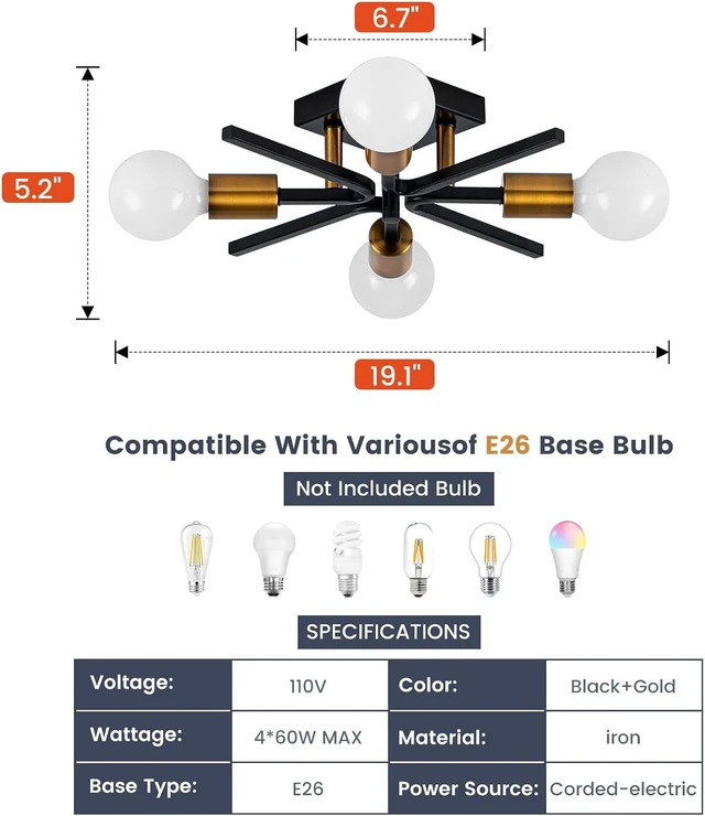 Alt view image 3 of 7 - Black Gold Sputnik Ceiling Light Fixture, Farmhouse Semi Flush Mount