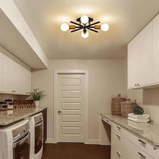 Alt view image 4 of 7 - Black Gold Sputnik Ceiling Light Fixture, Farmhouse Semi Flush Mount