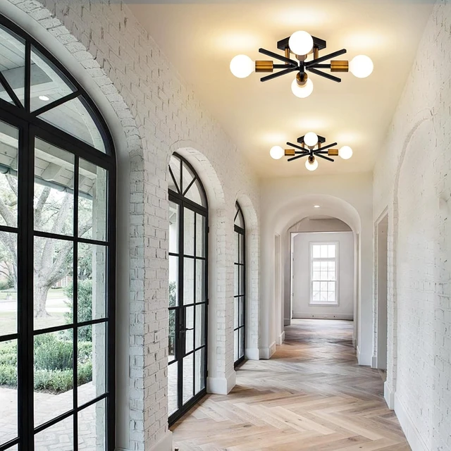 Alt view image 5 of 7 - Black Gold Sputnik Ceiling Light Fixture, Farmhouse Semi Flush Mount