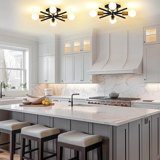 Alt view image 6 of 7 - Black Gold Sputnik Ceiling Light Fixture, Farmhouse Semi Flush Mount