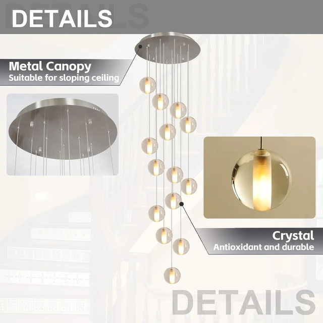 Alt view image 6 of 7 - 14 Lights Staircase Chandelier for High Ceiling, Dimmable Modern Crystal Raindrop Large Long Hanging Pendant Light for Stairwell Living Room Stair Foyer, Bulbs Included (Nickel Canopy)