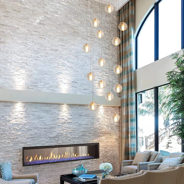 Alt view image 7 of 7 - 14 Lights Staircase Chandelier for High Ceiling, Dimmable Modern Crystal Raindrop Large Long Hanging Pendant Light for Stairwell Living Room Stair Foyer, Bulbs Included (Nickel Canopy)