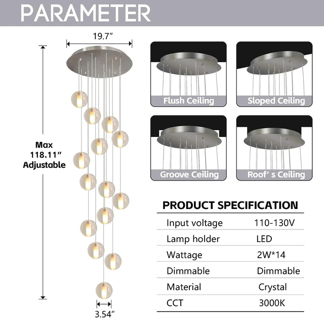 Alt view image 5 of 7 - 14 Lights Staircase Chandelier for High Ceiling, Dimmable Modern Crystal Raindrop Large Long Hanging Pendant Light for Stairwell Living Room Stair Foyer, Bulbs Included (Nickel Canopy)