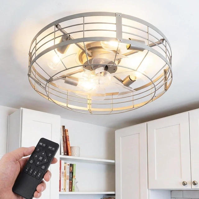 Main image of Caged Ceiling Fan with Lights, 23 Inch Farmhouse Remote Control Flush Mount Fan Lights Ceiling Fixtures, E26 Base 6 Speeds Bladeless Ceiling Fans with Lights for Indoor Kitchen Bedroom, Silver