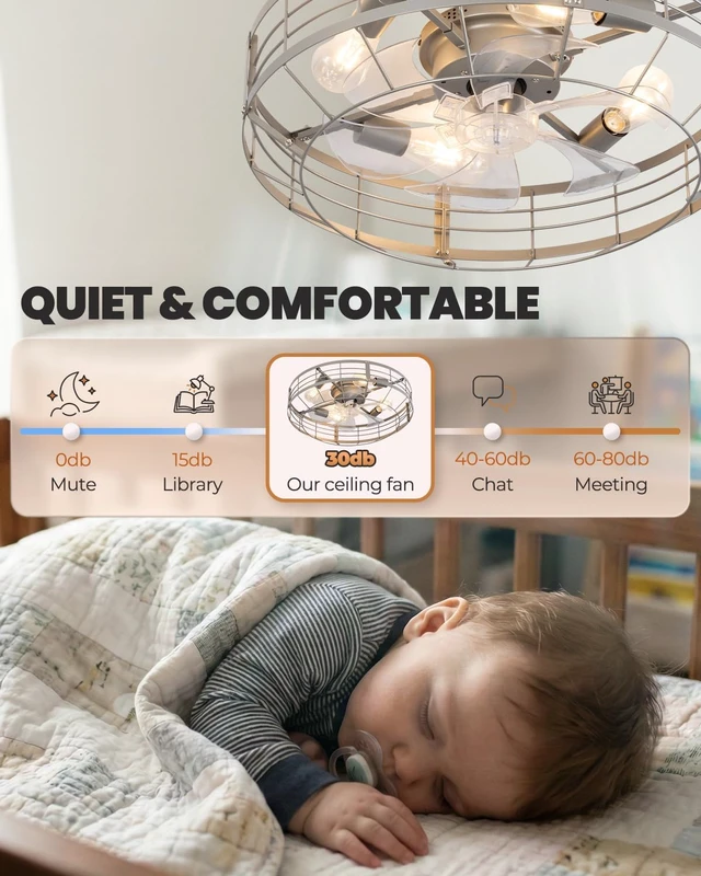 Alt view image 2 of 7 - Caged Ceiling Fan with Lights, 23 Inch Farmhouse Remote Control Flush Mount Fan Lights Ceiling Fixtures, E26 Base 6 Speeds Bladeless Ceiling Fans with Lights for Indoor Kitchen Bedroom, Silver