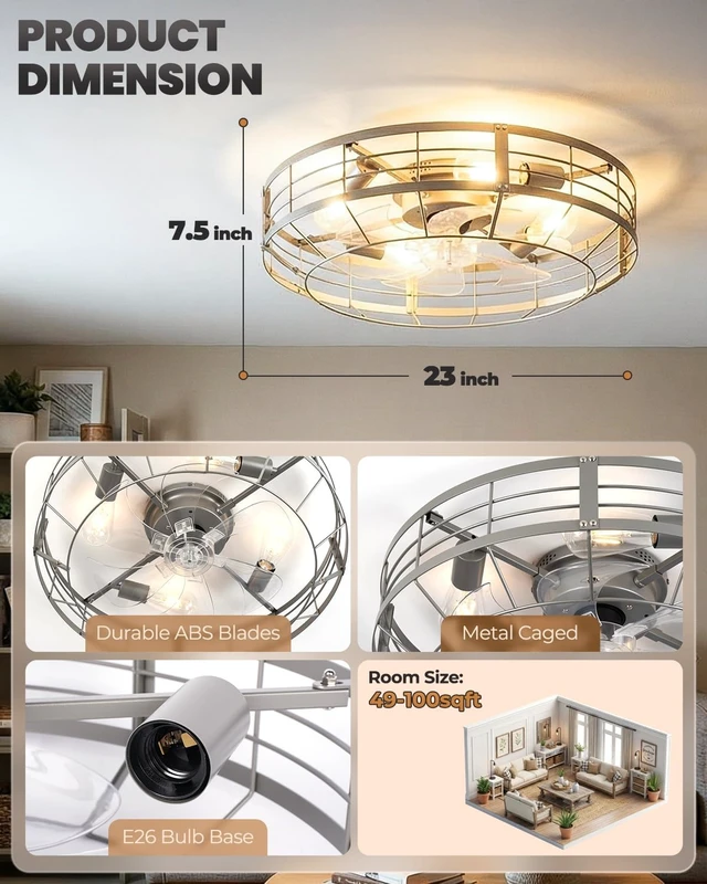 Alt view image 3 of 7 - Caged Ceiling Fan with Lights, 23 Inch Farmhouse Remote Control Flush Mount Fan Lights Ceiling Fixtures, E26 Base 6 Speeds Bladeless Ceiling Fans with Lights for Indoor Kitchen Bedroom, Silver