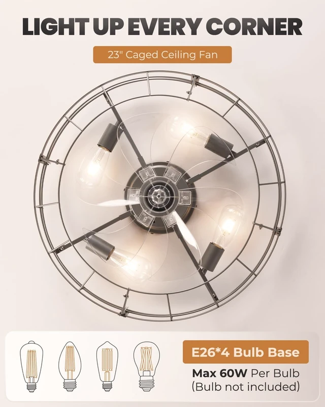 Alt view image 4 of 7 - Caged Ceiling Fan with Lights, 23 Inch Farmhouse Remote Control Flush Mount Fan Lights Ceiling Fixtures, E26 Base 6 Speeds Bladeless Ceiling Fans with Lights for Indoor Kitchen Bedroom, Silver