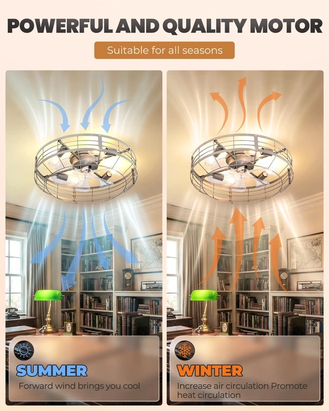 Alt view image 5 of 7 - Caged Ceiling Fan with Lights, 23 Inch Farmhouse Remote Control Flush Mount Fan Lights Ceiling Fixtures, E26 Base 6 Speeds Bladeless Ceiling Fans with Lights for Indoor Kitchen Bedroom, Silver
