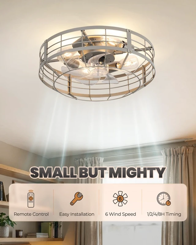 Alt view image 6 of 7 - Caged Ceiling Fan with Lights, 23 Inch Farmhouse Remote Control Flush Mount Fan Lights Ceiling Fixtures, E26 Base 6 Speeds Bladeless Ceiling Fans with Lights for Indoor Kitchen Bedroom, Silver
