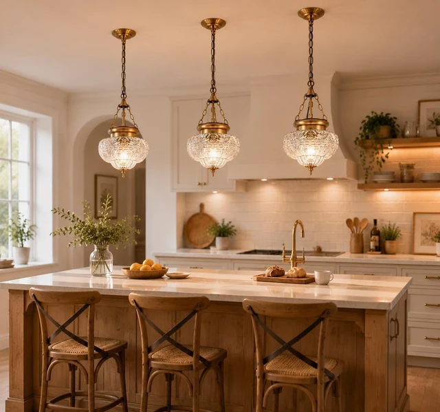 Alt view image 2 of 7 - Vintage Antique Brass Pendant Lights Kitchen Island, Textured Glass