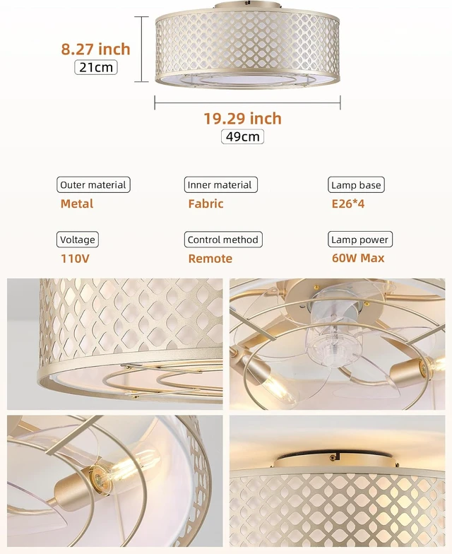 Alt view image 2 of 7 - 20" Gold Ceiling Fan with Light Flush Mount, Boho Ceiling fans with lights Remote Control, with 6 Speeds for Bedroom, Nursery, Living Room
