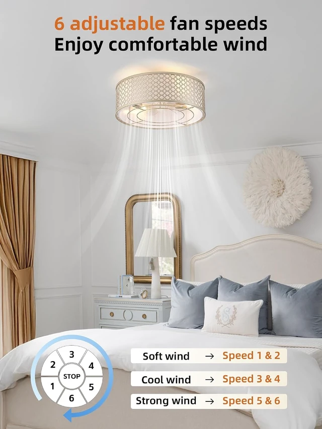 Alt view image 4 of 7 - 20" Gold Ceiling Fan with Light Flush Mount, Boho Ceiling fans with lights Remote Control, with 6 Speeds for Bedroom, Nursery, Living Room