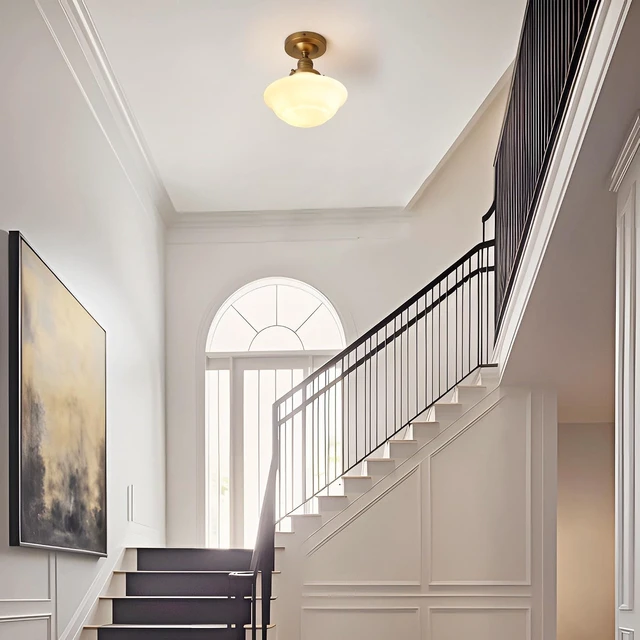 Alt view image 2 of 7 - Pathson Vintage Flush Mounted Ceiling Lighting with Milk White Glass Shade, Mid-Century Style Ceiling Light Fixture for Hallway Foyer Loft Living Room Bedroom