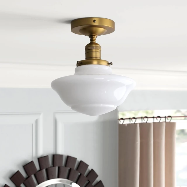 Alt view image 4 of 7 - Pathson Vintage Flush Mounted Ceiling Lighting with Milk White Glass Shade, Mid-Century Style Ceiling Light Fixture for Hallway Foyer Loft Living Room Bedroom