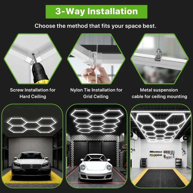 Alt view image 5 of 7 - Glitgate Dimmable Hexagon Garage Light, 5-Grid 168W 18,480LM, 100-240V