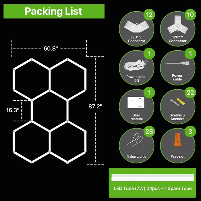 Alt view image 7 of 7 - Glitgate Dimmable Hexagon Garage Light, 5-Grid 168W 18,480LM, 100-240V