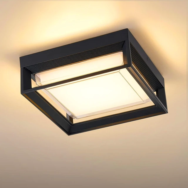 Main image of Square Flush Mount Outdoor LED Ceiling Light Fixture, 120V 24W 3000K 9 inch Medium Overhead Porch & Patio Lights Ceiling Mounted, Waterproof Suitable for Wet Areas, Black