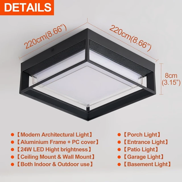 Alt view image 2 of 7 - Square Flush Mount Outdoor LED Ceiling Light Fixture, 120V 24W 3000K 9 inch Medium Overhead Porch & Patio Lights Ceiling Mounted, Waterproof Suitable for Wet Areas, Black