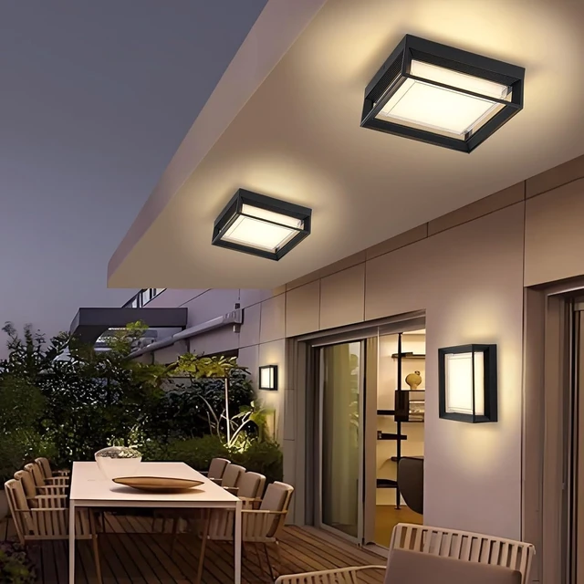 Alt view image 3 of 7 - Square Flush Mount Outdoor LED Ceiling Light Fixture, 120V 24W 3000K 9 inch Medium Overhead Porch & Patio Lights Ceiling Mounted, Waterproof Suitable for Wet Areas, Black