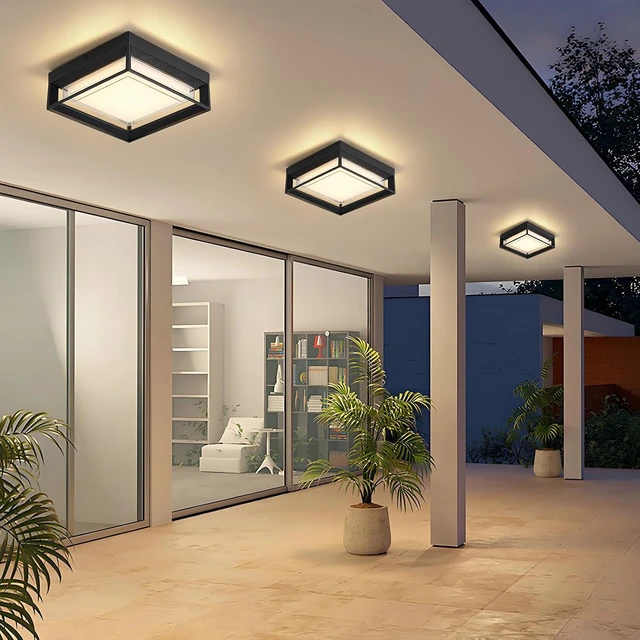 Alt view image 5 of 7 - Square Flush Mount Outdoor LED Ceiling Light Fixture, 120V 24W 3000K 9 inch Medium Overhead Porch & Patio Lights Ceiling Mounted, Waterproof Suitable for Wet Areas, Black