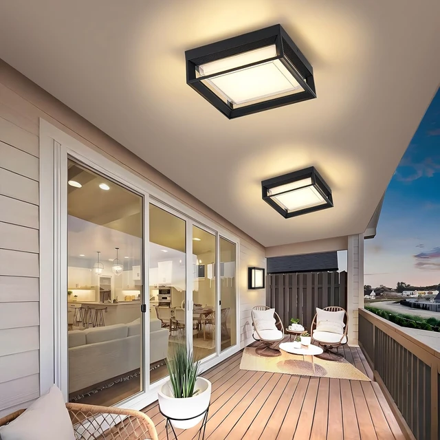 Alt view image 4 of 7 - Square Flush Mount Outdoor LED Ceiling Light Fixture, 120V 24W 3000K 9 inch Medium Overhead Porch & Patio Lights Ceiling Mounted, Waterproof Suitable for Wet Areas, Black