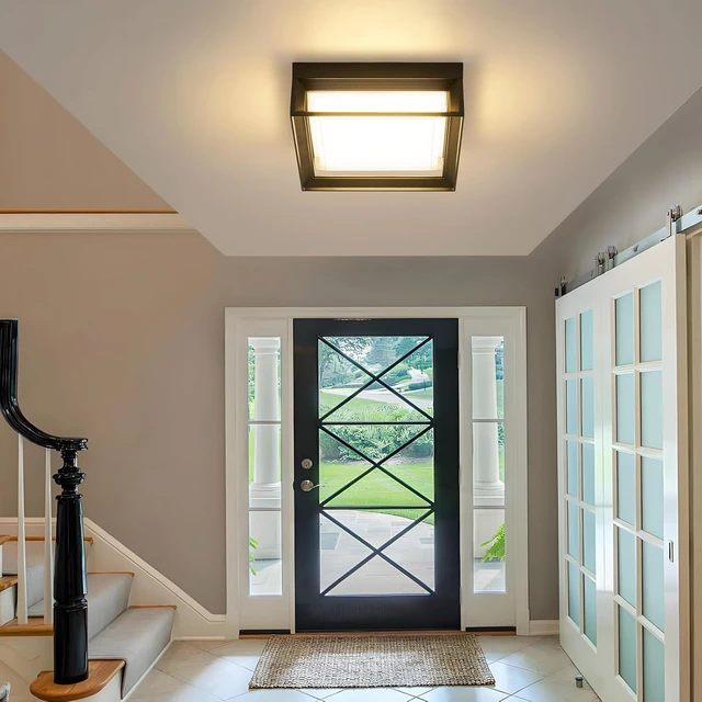 Alt view image 6 of 7 - Square Flush Mount Outdoor LED Ceiling Light Fixture, 120V 24W 3000K 9 inch Medium Overhead Porch & Patio Lights Ceiling Mounted, Waterproof Suitable for Wet Areas, Black