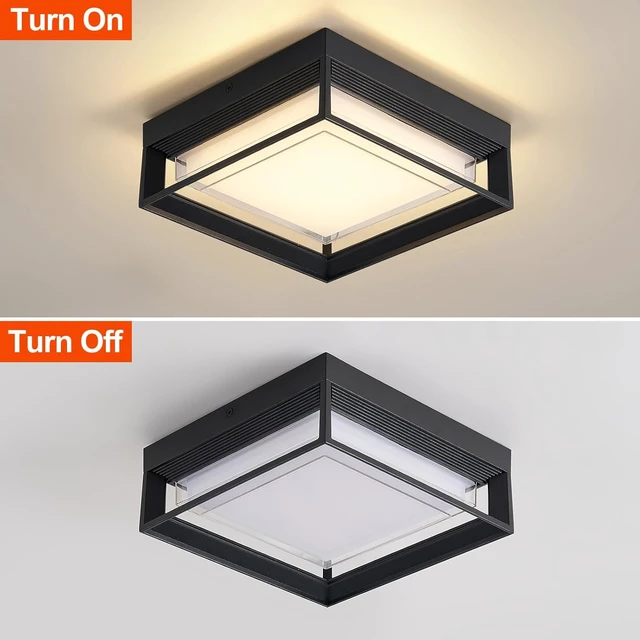 Alt view image 7 of 7 - Square Flush Mount Outdoor LED Ceiling Light Fixture, 120V 24W 3000K 9 inch Medium Overhead Porch & Patio Lights Ceiling Mounted, Waterproof Suitable for Wet Areas, Black