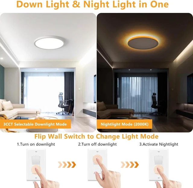Alt view image 2 of 7 - 4 Pack 12Inch Hardwired LED Flush Mount Ceiling Light with 2000K Dimmable Night Light, 24W 2400LM Bright, 3000K/4000K/5000K CCT Selectable, Dimmable via Wall Switch, Ideal for Bedroom Hallway, White