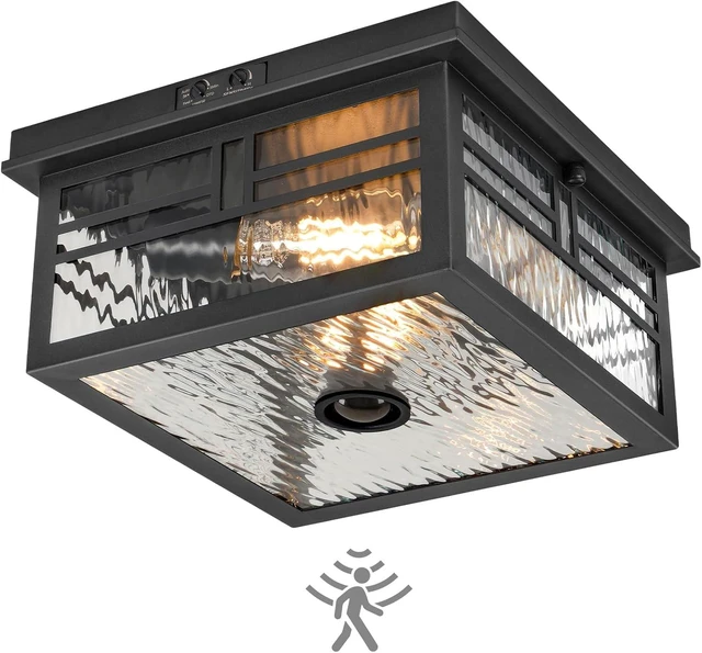 Main image of Infrared Sensor Outdoor Ceiling Light, Flush Mount Motion Sensor Ceiling Light, 2-Light Black with Ripple Glass, Bulbs Not Included, 4 Modes, for Porch, Garage, Hallway, Patio,BS07XD05W1