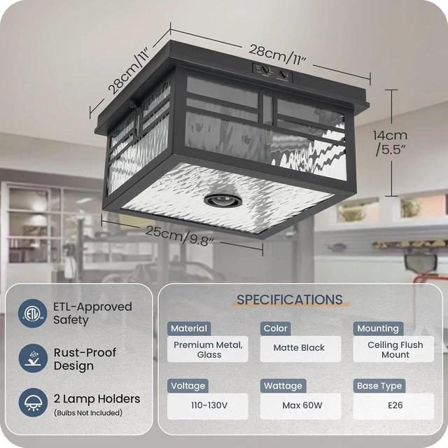 Alt view image 2 of 7 - Infrared Sensor Outdoor Ceiling Light, Flush Mount Motion Sensor Ceiling Light, 2-Light Black with Ripple Glass, Bulbs Not Included, 4 Modes, for Porch, Garage, Hallway, Patio,BS07XD05W1