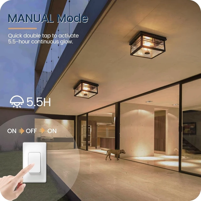 Alt view image 6 of 7 - Infrared Sensor Outdoor Ceiling Light, Flush Mount Motion Sensor Ceiling Light, 2-Light Black with Ripple Glass, Bulbs Not Included, 4 Modes, for Porch, Garage, Hallway, Patio,BS07XD05W1
