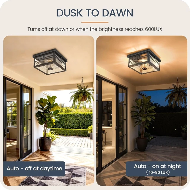 Alt view image 7 of 7 - Infrared Sensor Outdoor Ceiling Light, Flush Mount Motion Sensor Ceiling Light, 2-Light Black with Ripple Glass, Bulbs Not Included, 4 Modes, for Porch, Garage, Hallway, Patio,BS07XD05W1