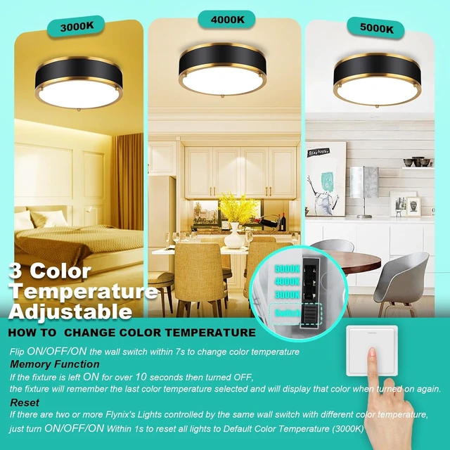 Alt view image 3 of 6 - Edwarmlux 12.5 Inch LED Flush Mount Light Fixture, 26W, Modern Ceiling Light, 3 Color Adjustable 3000K/4000K/5000K, Dimmable for Bedroom, Hallway, Bathroom, Kitchen (Black Gold)