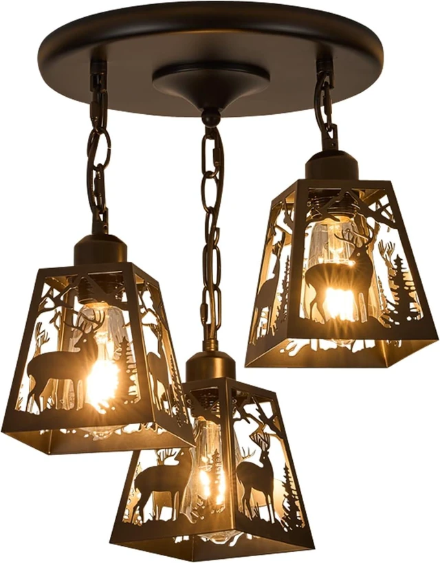 Main image of Farmhouse Rustic Ceiling Light Fixture,Black Metal Cage Pendant Lights Kitchen Island with Deer,Industrial Hanging Pendant Lighting for Dining Room Bedroom Entryway Hallway Foyer