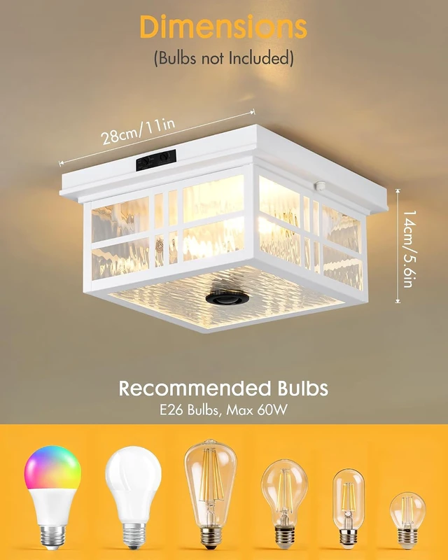 Alt view image 2 of 7 - Outdoor Ceiling Light Motion Sensor Flush Mount Fixture, Porch Front Exterior Ceiling Lights with Dusk to Dawn Detector, Adjustable Glass Square Mount for Entryway Garage Carport, CL