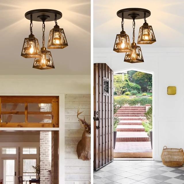 Alt view image 6 of 7 - Farmhouse Rustic Ceiling Light Fixture,Black Metal Cage Pendant Lights Kitchen Island with Deer,Industrial Hanging Pendant Lighting for Dining Room Bedroom Entryway Hallway Foyer