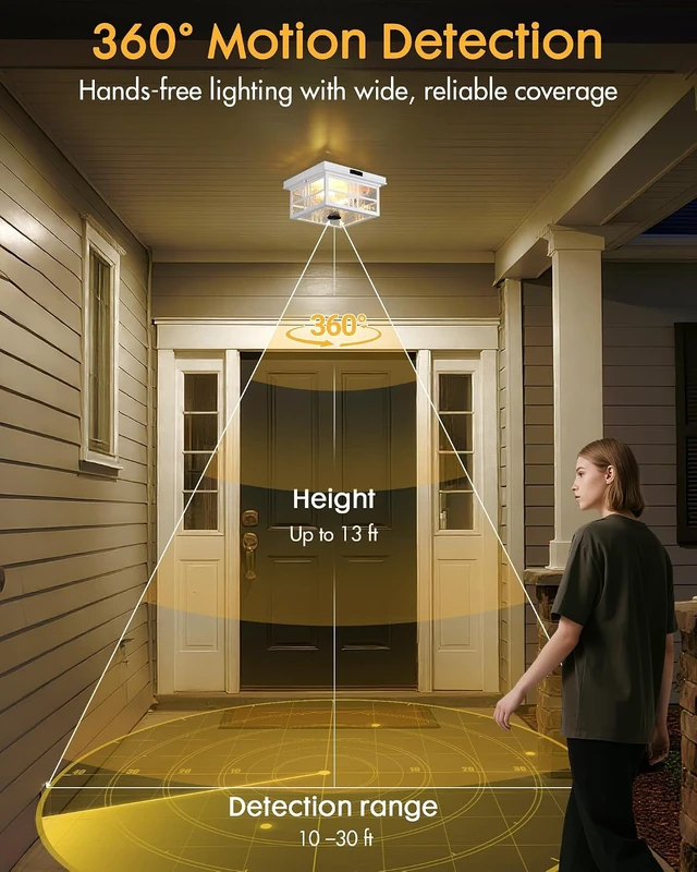 Alt view image 3 of 7 - Outdoor Ceiling Light Motion Sensor Flush Mount Fixture, Porch Front Exterior Ceiling Lights with Dusk to Dawn Detector, Adjustable Glass Square Mount for Entryway Garage Carport, CL