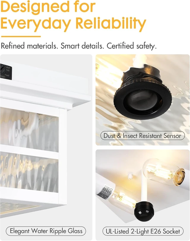 Alt view image 6 of 7 - Outdoor Ceiling Light Motion Sensor Flush Mount Fixture, Porch Front Exterior Ceiling Lights with Dusk to Dawn Detector, Adjustable Glass Square Mount for Entryway Garage Carport, CL