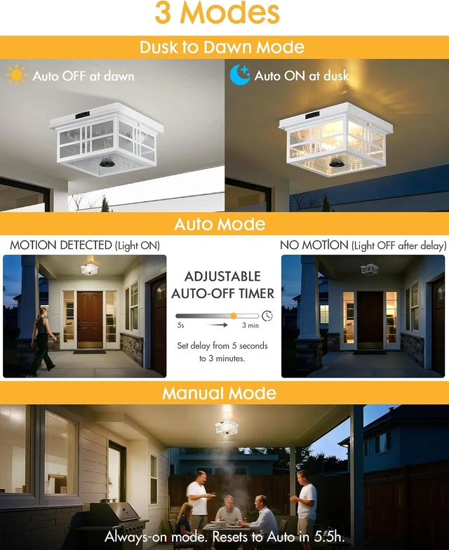 Alt view image 4 of 7 - Outdoor Ceiling Light Motion Sensor Flush Mount Fixture, Porch Front Exterior Ceiling Lights with Dusk to Dawn Detector, Adjustable Glass Square Mount for Entryway Garage Carport, CL
