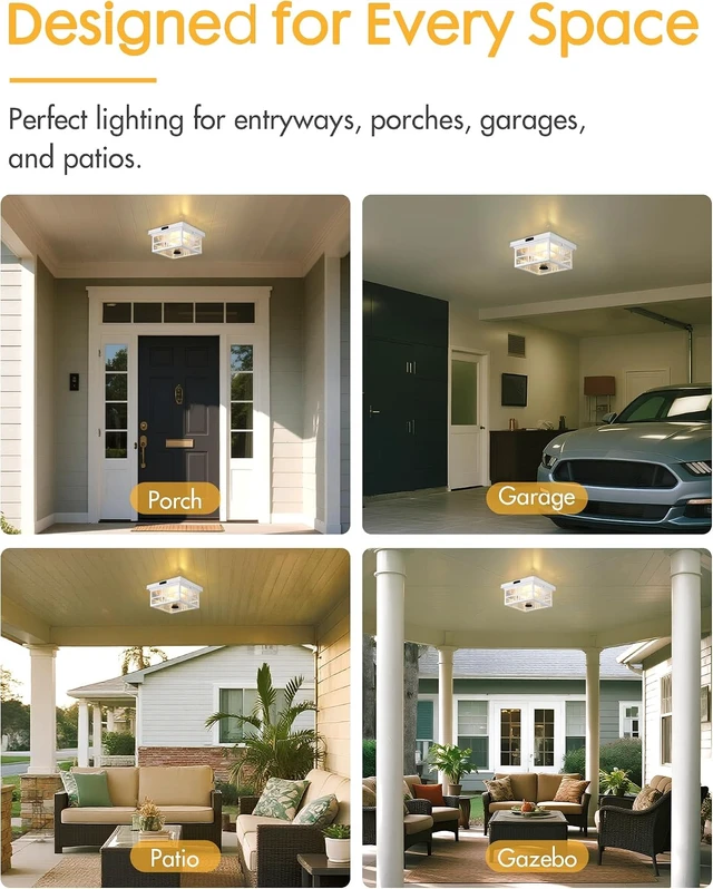 Alt view image 7 of 7 - Outdoor Ceiling Light Motion Sensor Flush Mount Fixture, Porch Front Exterior Ceiling Lights with Dusk to Dawn Detector, Adjustable Glass Square Mount for Entryway Garage Carport, CL