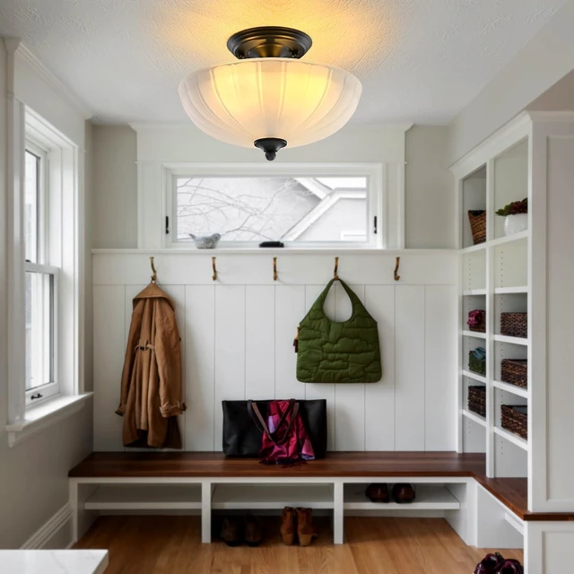 Alt view image 2 of 7 - Frosted Glass Ceiling Light Fixture - Semi Flush Mount with 3 E26 Bulb Sockets, Soft Diffused Lighting/Anti-Glare Shade Lighting for Living Room Dining Room Hallway, Vintage Indoor Chandelier