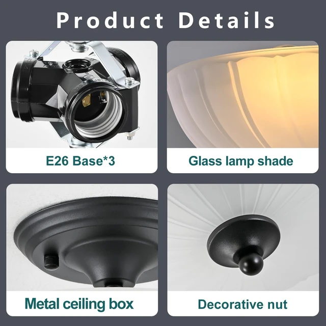 Alt view image 6 of 7 - Frosted Glass Ceiling Light Fixture - Semi Flush Mount with 3 E26 Bulb Sockets, Soft Diffused Lighting/Anti-Glare Shade Lighting for Living Room Dining Room Hallway, Vintage Indoor Chandelier