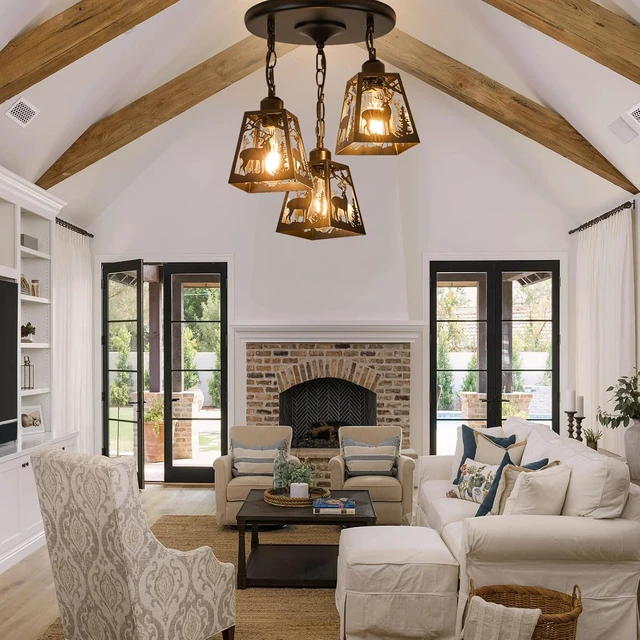 Alt view image 2 of 7 - Farmhouse Rustic Ceiling Light Fixture,Black Metal Cage Pendant Lights Kitchen Island with Deer,Industrial Hanging Pendant Lighting for Dining Room Bedroom Entryway Hallway Foyer