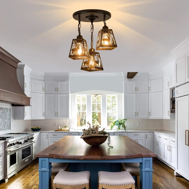 Alt view image 5 of 7 - Farmhouse Rustic Ceiling Light Fixture,Black Metal Cage Pendant Lights Kitchen Island with Deer,Industrial Hanging Pendant Lighting for Dining Room Bedroom Entryway Hallway Foyer