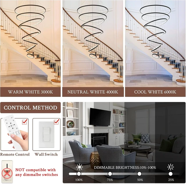 Alt view image 2 of 7 - Modern LED Chandelier 8 Rings Dimmable Black High Ceiling Chandelier Foyer, Large LED Contemporary Pendant Lighting for Staircase Entryway Living Room, D35in 3000K-6500K