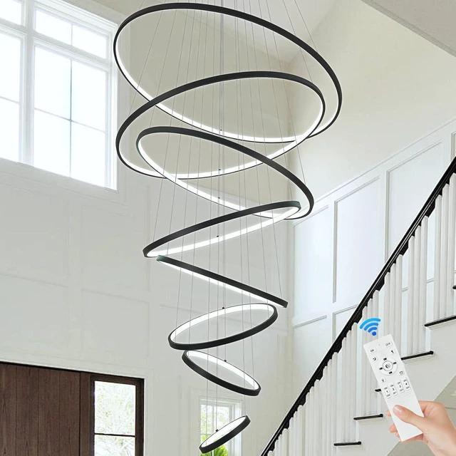 Main image of Modern LED Chandelier 8 Rings Dimmable Black High Ceiling Chandelier Foyer, Large LED Contemporary Pendant Lighting for Staircase Entryway Living Room, D35in 3000K-6500K