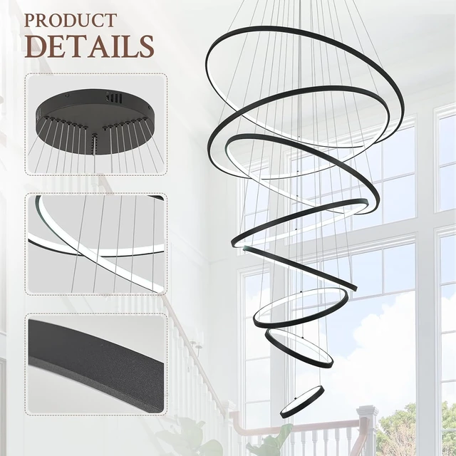 Alt view image 3 of 7 - Modern LED Chandelier 8 Rings Dimmable Black High Ceiling Chandelier Foyer, Large LED Contemporary Pendant Lighting for Staircase Entryway Living Room, D35in 3000K-6500K