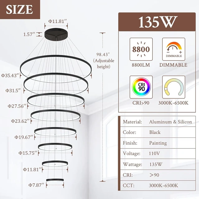 Alt view image 6 of 7 - Modern LED Chandelier 8 Rings Dimmable Black High Ceiling Chandelier Foyer, Large LED Contemporary Pendant Lighting for Staircase Entryway Living Room, D35in 3000K-6500K